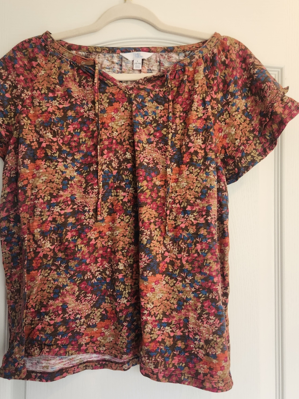 Time and Tru Multicolor Floral Tie-Front Short Sleeve Top L Euc